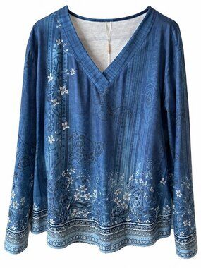 Women Boho Top Peasant Blouse V Neck Long Sleeves Casual Size L Blue Floral NEW